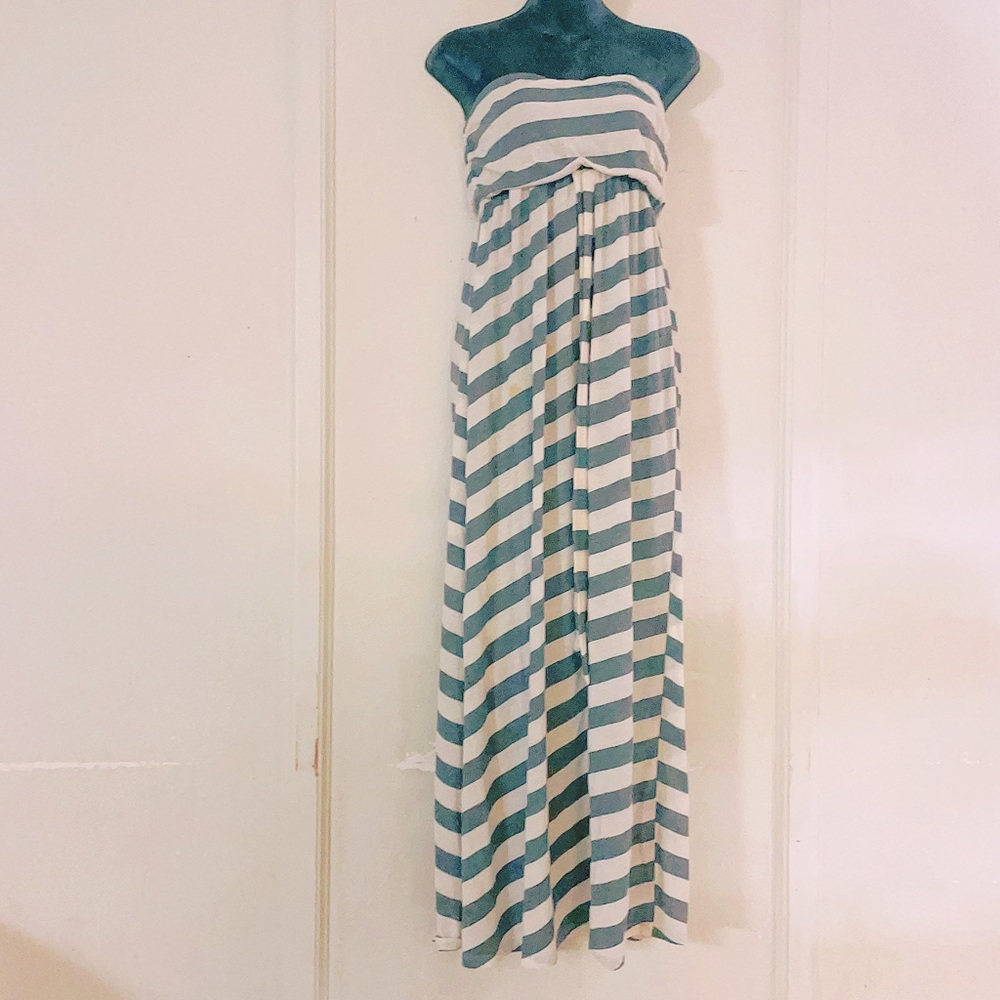 Gray and white striped maxi dress